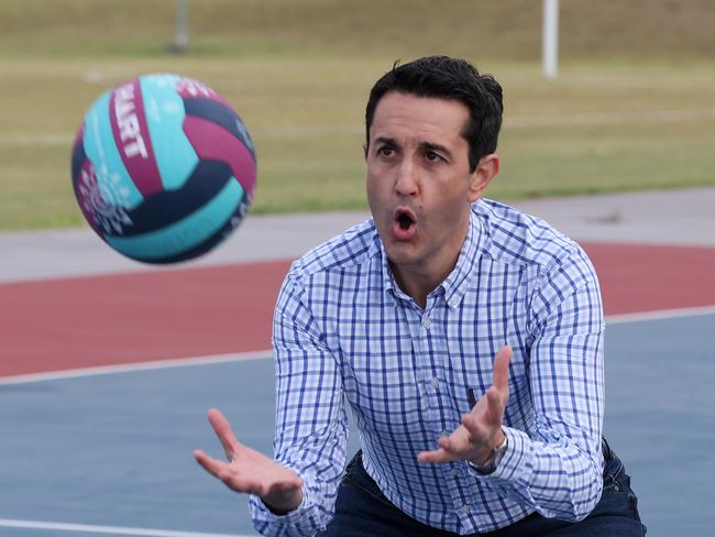 Leader of the Opposition David Crisafulli inspects the Capricorn Netball Association courts which will be upgraded to hard courts with extra lighting under a LNP government. Picture: Liam Kidston.