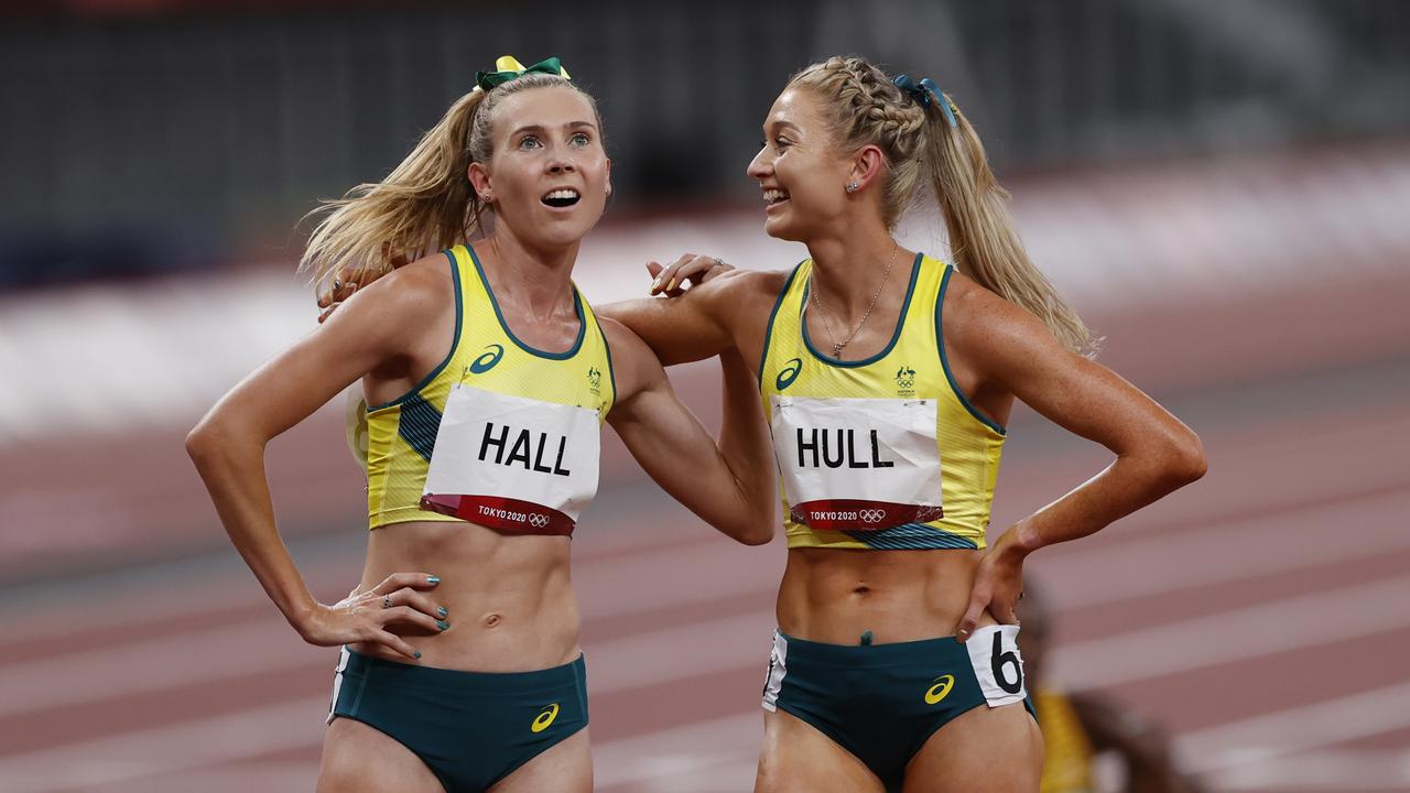 Tokyo 2020 Olympic Games Day 14. 06/08/21. Athletics finals and semifinals at the Tokyo Olympic Stadium in Tokyo, Japan. Australias Linden Hall and Jessica Hull after the final of the Womens 1500m. Picture: Alex Coppel.