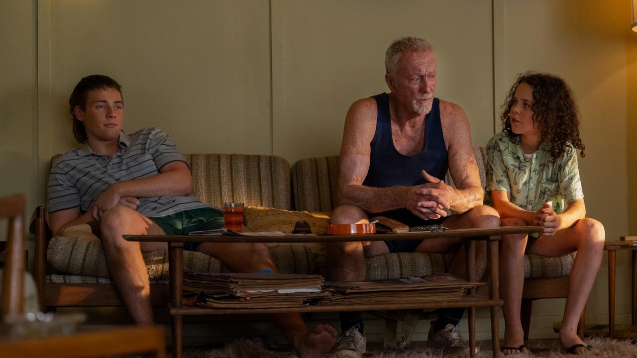 Lee Halley as Gus Bell, Bryan Brown as Slim Halliday and Felix Cameron as Eli Bell. Picture: Netflix