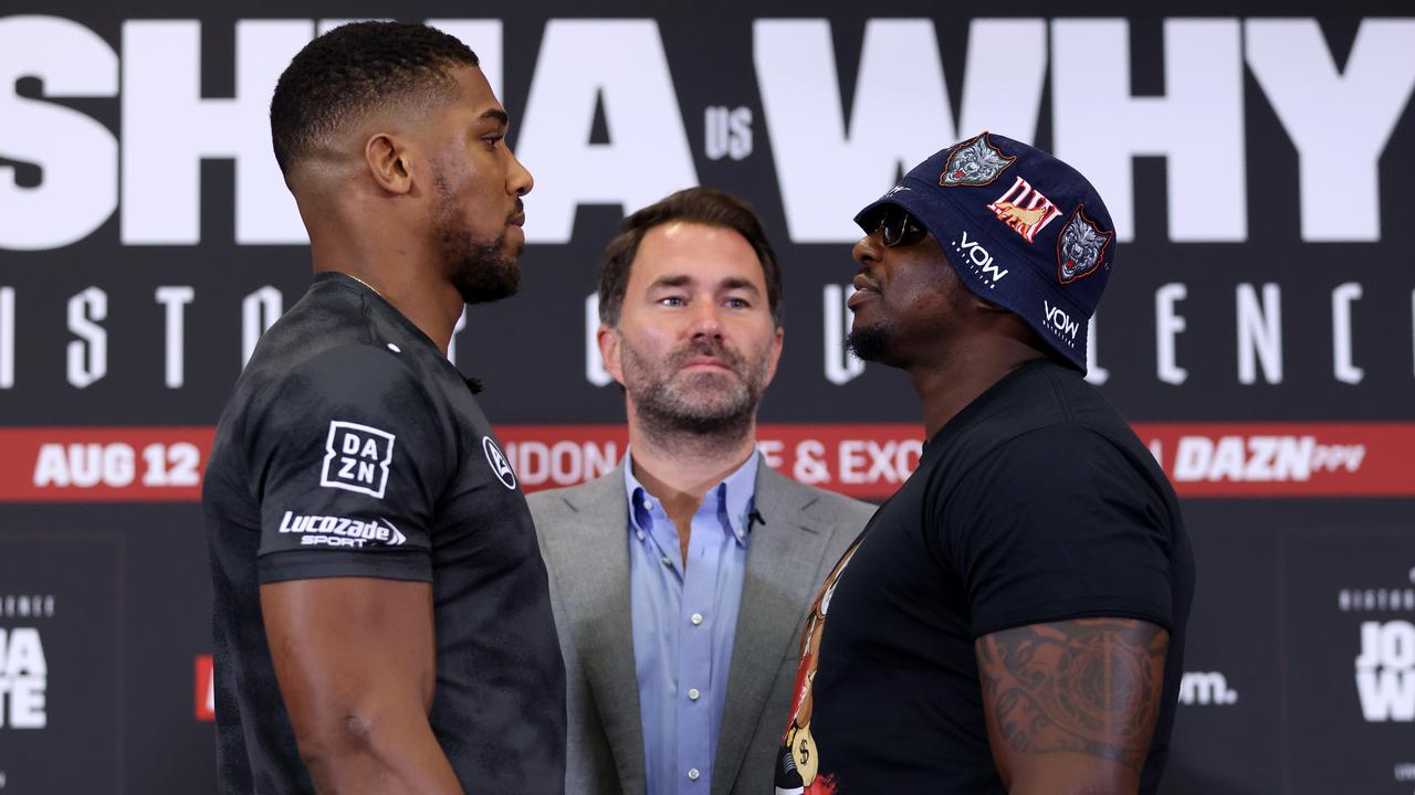 LONDON, ENGLAND - JULY 10: (L-R) Anthony Joshua, promoter Eddie Hearn and Dillian Whyte during the Anthony Joshua v Dillian Whyte 2 Press Conference at Hilton London Syon Park on July 10, 2023 in London, England. (Photo by Paul Harding/Getty Images)