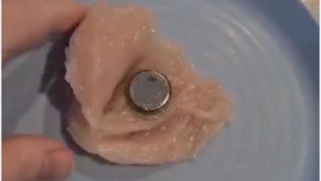 The experiment demonstrates how a button battery erodes flesh. Image: CPR Kids