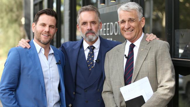 Dave Rubin, Jordan Peterson and John Anderson before the event in Waterloo, on Saturday. Picture: Damian Shaw