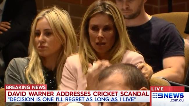 Roxy Jacenko and Candice Warner watch on as cricketer David Warner addresses the public. Picture: Nine News.