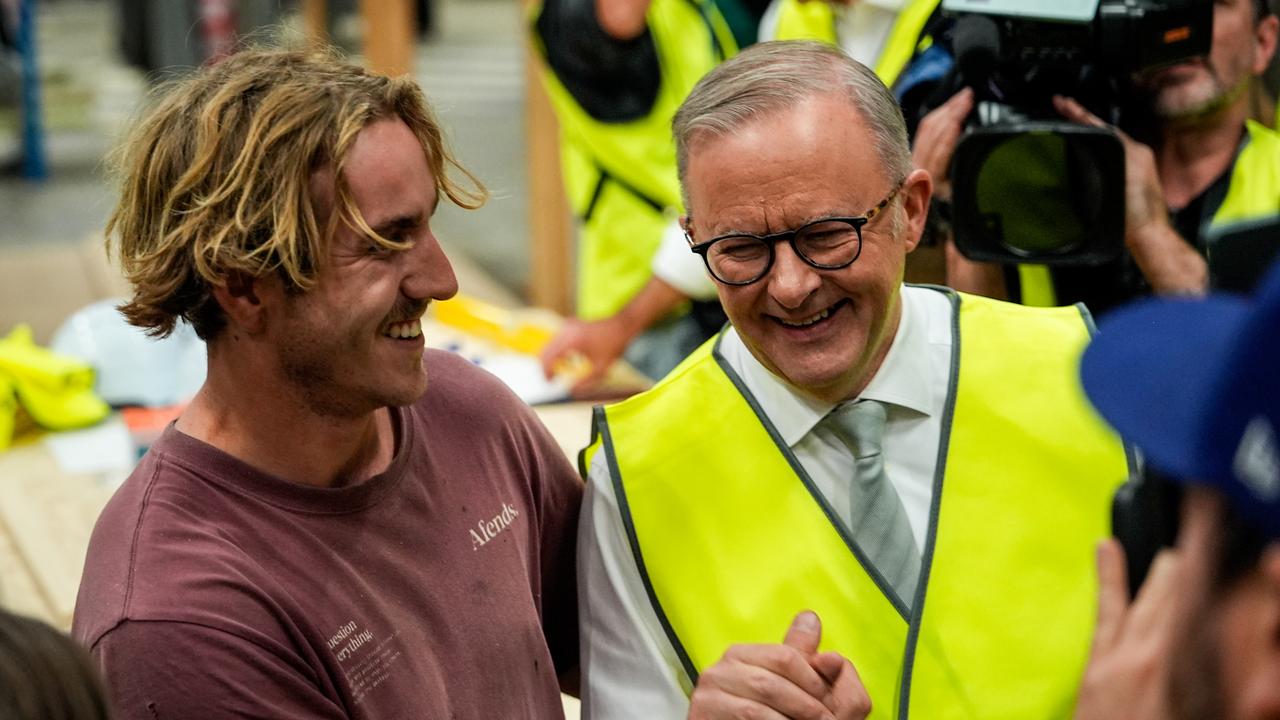 Anthony Albanese greets a student during a visit to a TAFE in Tonsley, Adelaide. Picture: Asanka Ratnayake/Getty Images