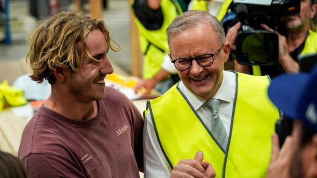 Anthony Albanese greets a student during a visit to a TAFE in Tonsley, Adelaide. Picture: Asanka Ratnayake/Getty Images