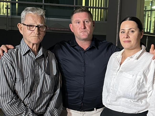 Sue Duffy's husband Dan, son Gavin and daughter Debbie outside Rockhampton court house after the man who murdered her, her former son-in-law Portmoresbey Cecil, by stabbing her to death in her West Street, Allenstown home, on August 21, 2022, was handed a Life sentence with a non-parole eligibility period of 20 years.