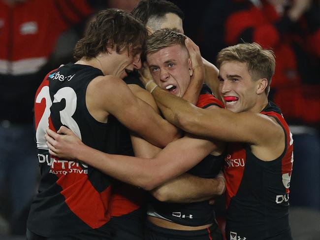 MELBOURNE, AUSTRALIAÃ June 23 , 2024.  AFL Round 15. Essendon vs West Coast Eagles at Marvel Stadium.   Nate Caddy of the Bombers celebrates a 2nd quarter goal   . Pic: Michael Klein