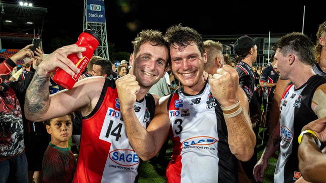 Beau Schwarze and Matt Shannon celebrate Southern Districts' 2024-25 NTFL grand final win against St Mary's. PIcture: Pema Tamang Pakhrin