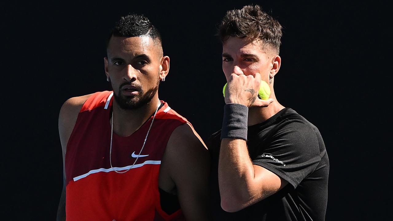 Nick Kyrgios and Thanasi Kokkinakis during their first round doubles match at the Australian Open. Picture: Quinn Rooney/Getty Images