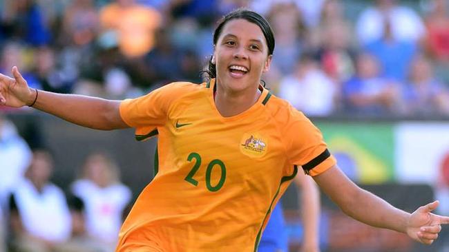 Sam Kerr celebrates scoring for the Matildas in the 6-1 demolition of Brazil in the Tournament of Nations in the US.