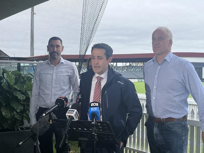 Premier David Crisafulli speaking beside Adrian Young (CEO Harrup Park, Shelly Welsh (Mackay Netball) and MP Nigel Dalton announcing the state’s confirmed commitment to the stage 2 GBRA upgrades