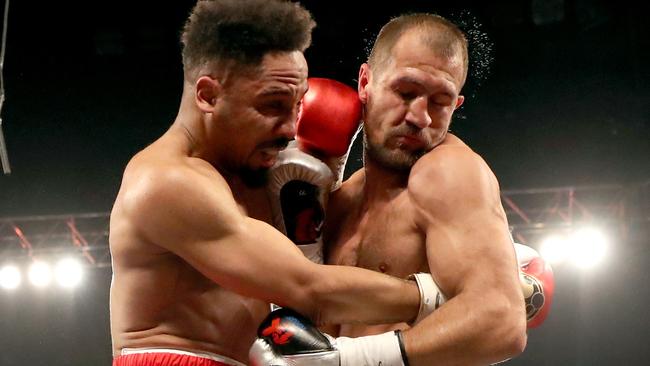 Andre Ward (L) and Sergey Kovalev battle during their light heavyweight championship bout.