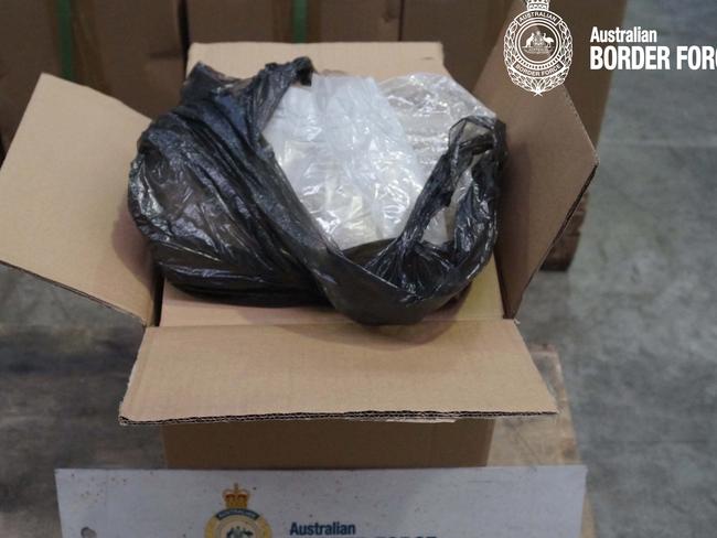 Australian Border Force (ABF) officers in Sydney arrested two Malaysian nationals after detecting more than 1.2 tonnes of ephedrine was found in a furniture shipment. Picture: ABF