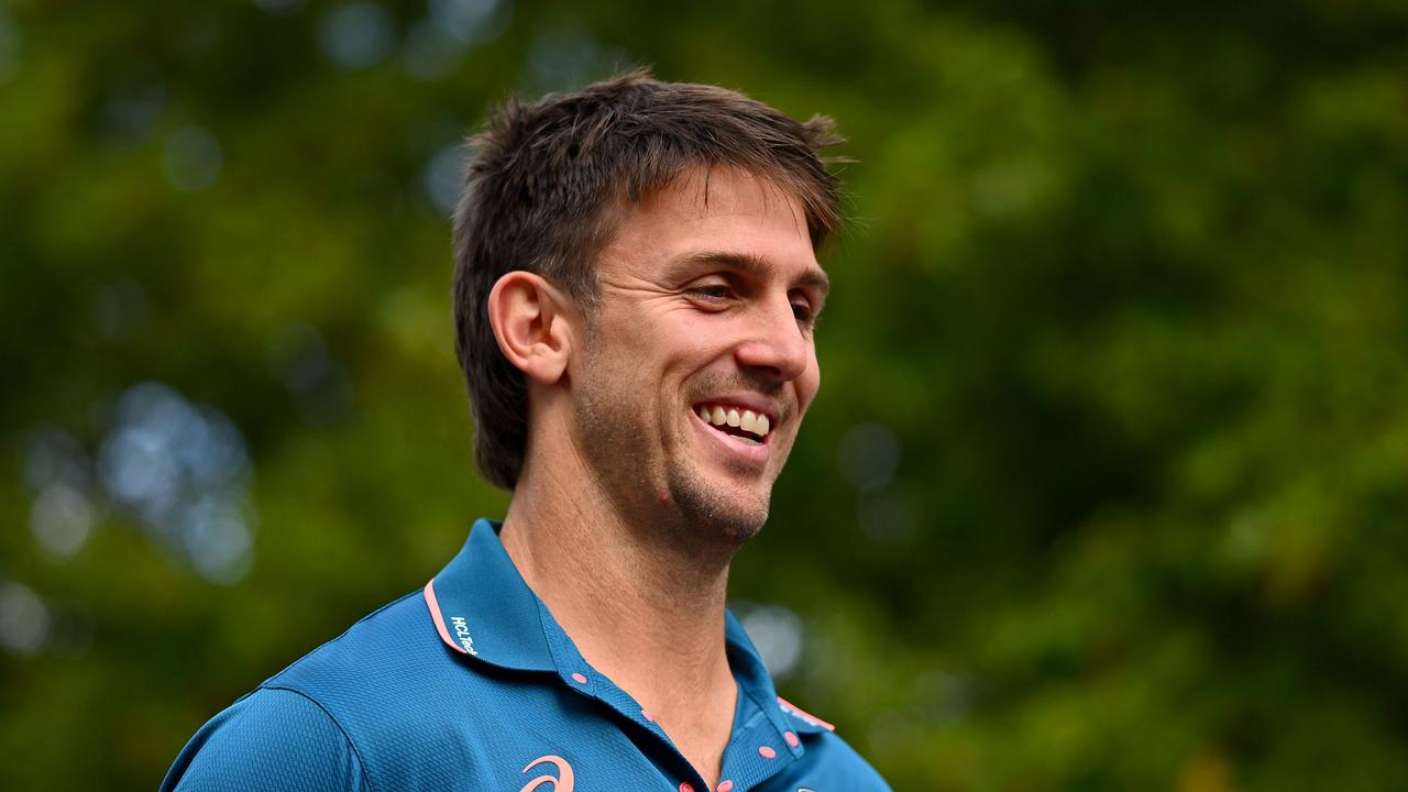 MELBOURNE, AUSTRALIA - FEBRUARY 01: Mitch Marsh speaks to media during a 2024 Cricket Australia Awards Media Opportunity at Crown Entertainment Complex on February 01, 2024 in Melbourne, Australia. (Photo by Morgan Hancock/Getty Images for Cricket Australia)