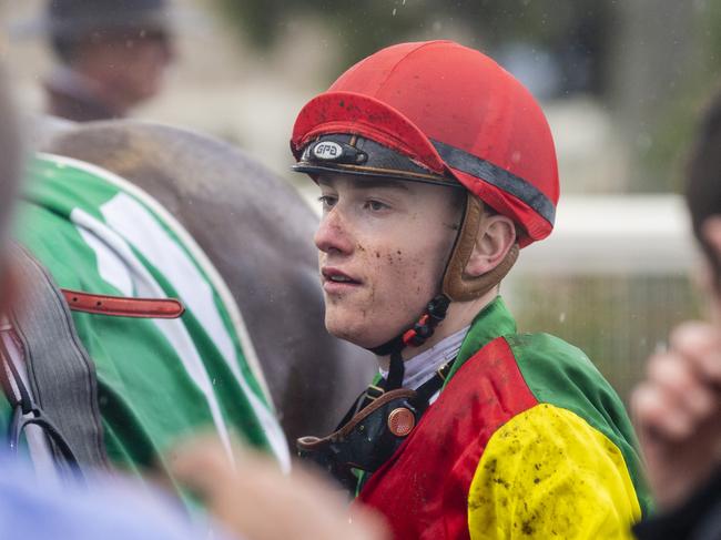 Jockey Jaden Lloyd after winning race one with New York Gal at Clifford Park, Saturday, October 22, 2022. Picture: Kevin Farmer