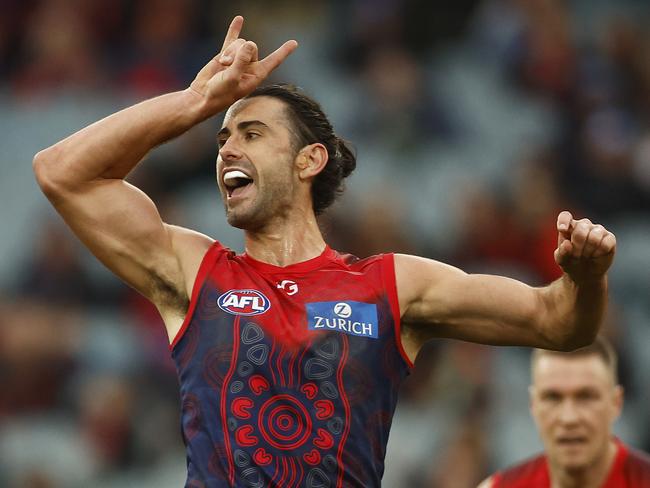 MELBOURNE, AUSTRALIA - MAY 27: Brodie Grundy of the Demons celebrates kicking a goal during the round 11 AFL match between Narrm Football Club / Melbourne Demons and Walyalup / Fremantle Dockers at Melbourne Cricket Ground, on May 27, 2023, in Melbourne, Australia. (Photo by Daniel Pockett/AFL Photos/via Getty Images )