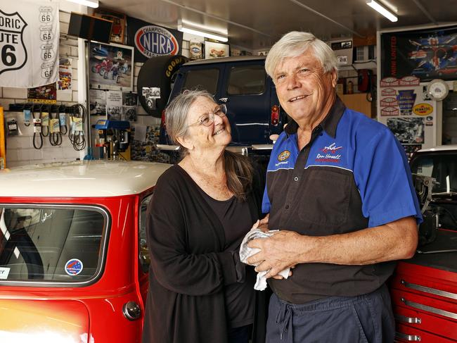 Ron Howell, 71 and wife Rhonda, 69 at their Mini workshop. Picture: Tim Hunter.