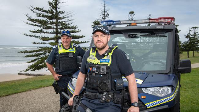 Police officers Leading Senior Constable Rodger Licheni and First Constable Bill Dow on Torquay foreshore as the Summer season starts. Picture: Brad Fleet