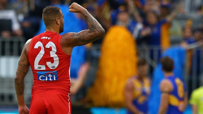 Lance Franklin celebrates a goal against West Coast.