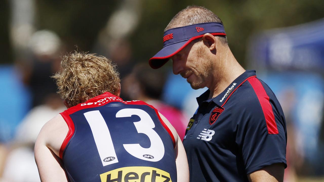 Melbourne vs Richmond practice match at Casey Fields. Simon Goodwin, senior coach of the Demons talks with Clayton Oliver at qtr time. Pic: Michael Klein