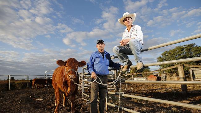 Beef cattle farmers Neil and Billy Goetsch at their property in Kalbar. Picture: Josh Woning/AAP