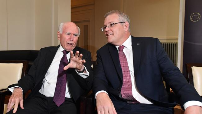 Former prime minister John Howard and Prime Minister Scott Morrison at the opening of the University of NSW Howard Library at Old Parliament House in Canberra, Tuesday, December 4, 2018. (AAP Image/Mick Tsikas) NO ARCHIVING