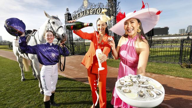 Jockey Alana Kelly, Tayla Damir and chef Diana Chan prepare to unveil the new Birdcage plans. Picture: Alex Coppel