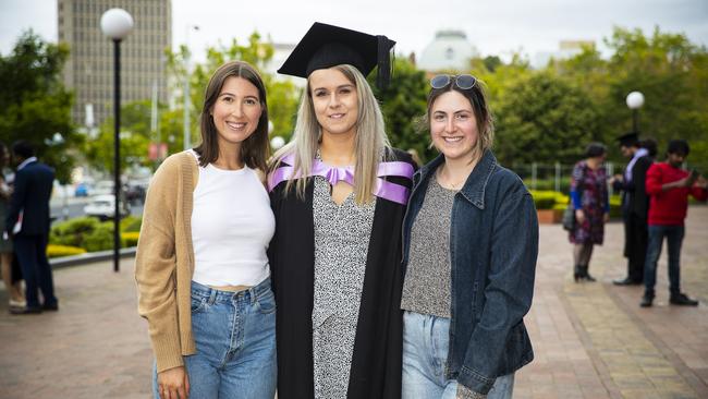 Aisling O'Driscoll (centre) with Hannah Bird and Rose Jenkins. University of Tasmania Graduations. Federation Concert Hall, Hobart. Picture: RICHARD JUPE