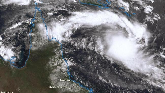 Satellite image of a tropical low over the Coral Sea which was expected to be named Tropical Cyclone Alfred on Sunday. Picture: BOM.