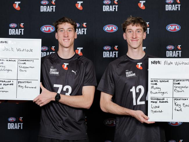 Jack and Matt Whitlock at the combine. Could the Tigers take both of them? Picture: Dylan Burns/AFL Photos via Getty Images.