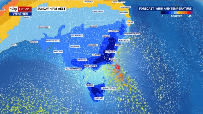 But on Sunday that cold streak will head up into NSW, while Adelaide should reach 16C. Picture: Sky News Weather.