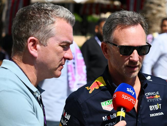 BAHRAIN, BAHRAIN - FEBRUARY 29: Oracle Red Bull Racing Team Principal Christian Horner talks to the media in the Paddock prior to practice ahead of the F1 Grand Prix of Bahrain at Bahrain International Circuit on February 29, 2024 in Bahrain, Bahrain. (Photo by Clive Mason/Getty Images)