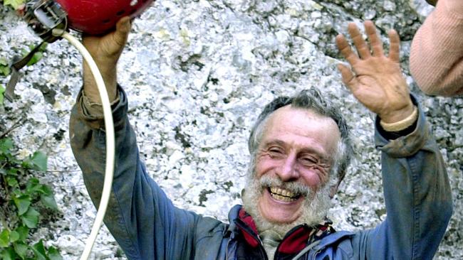 Michel Siffre walks out of the Clamouse cave in Saint-Jean-de-Fos near Montpellier, southwestern France, after spending 76 days underground in isolation. Picture: AP