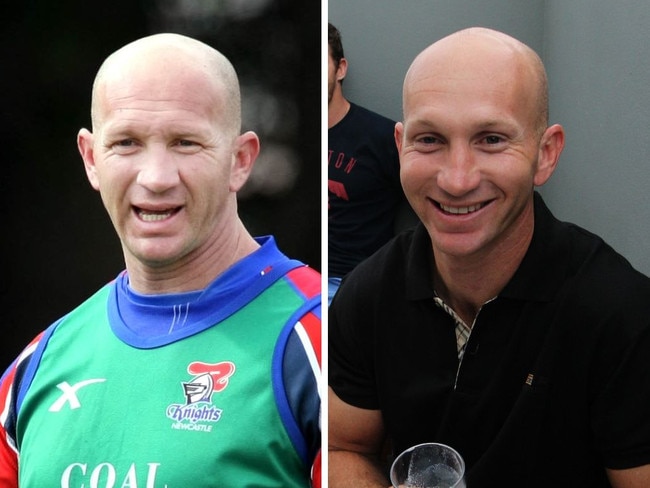 Adam Macdougall in his playing days for the Knights and when launching the Man Shake.