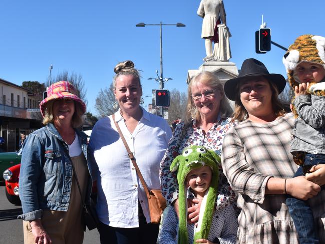 Bron Maw, Sally Genner, Helen Tilbrook, Kate Tilbrook, and little Edward and William Werne had a blast at the Grand Automobile Display during Jumpers and Jazz in July 2022. Photo: Jessica Paul / Warwick Daily News