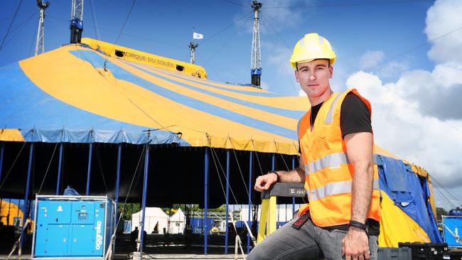 Francis Jalbert at the raising of Cirque du Soleil's iconic blue and yellow big top at Northshore Hamilton in 2015. Picture: Tara Croser