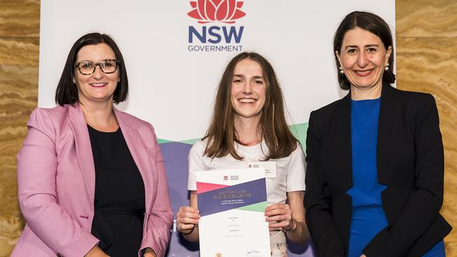 Louise Godhard from SCEGGS Darlinghurst with Minister for Education Sarah Mitchell and Premier Gladys Berejiklian at yesterday’s First in Course Awards at UNSW. Picture: NSW Education Standards Authority Flickr