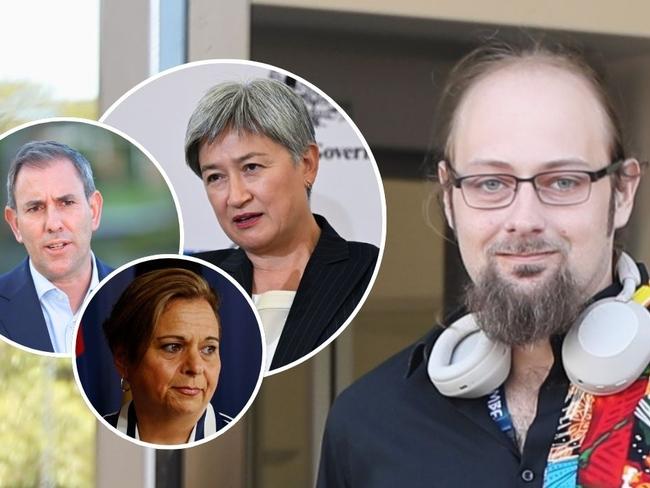Jack Malady leaving Darwin Local Court after pleading guilty to using a carriage service to make threats, menace and harass Foreign Affairs Minister Penny Wong, Treasurer Jim Chalmers and Communications Minister Michelle Rowland. Picture: Zizi Averill