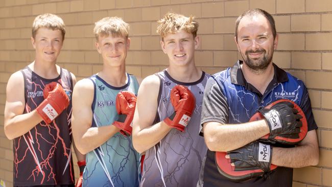 Mitchell Bull, pictured right, leads Kyabram Blue Light. L-R Archer Woods, Joshua Morrison and Hunter O'Hara with Leading senior constable Mitchell Bull Picture: Zoe Phillips