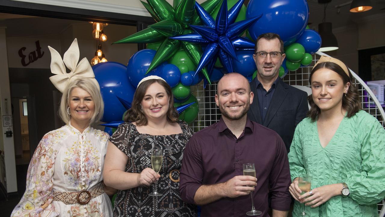 (from left) Charmaine Searle, Julie Ikin, Michael Todd, Andrew Bishop and Kodi Koina at the Chronicle Toowoomba Hospital Foundation Melbourne Cup at Urban Grounds Cafe raising funds for One Wish, One Cure for Type 1 Diabetes. Tuesday, November 1, 2022. Picture: Nev Madsen.