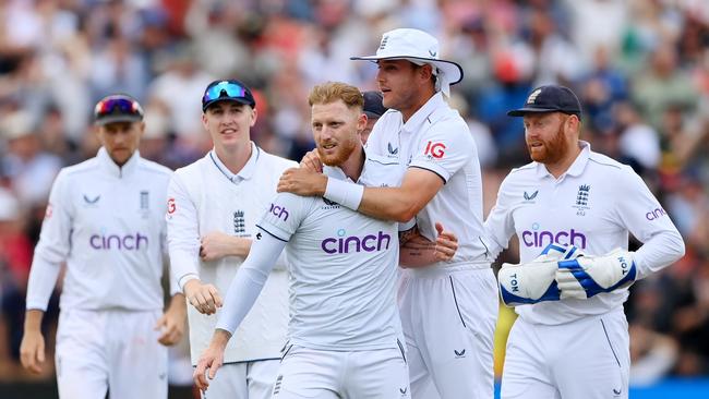 Ben Stokes landed the devastating blow, knocking over Usman Khawaja. Picture: Getty