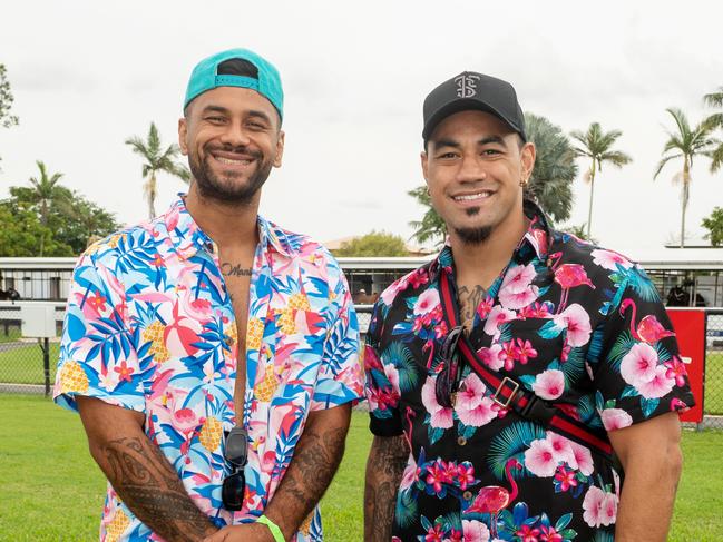 Kenny Edwards and Mahe Fonua at Mackay Turf Club, Ooralea Racecourse, Hawaiian Christmas Race Day. Saturday 16 December 2023 Picture:Michaela Harlow