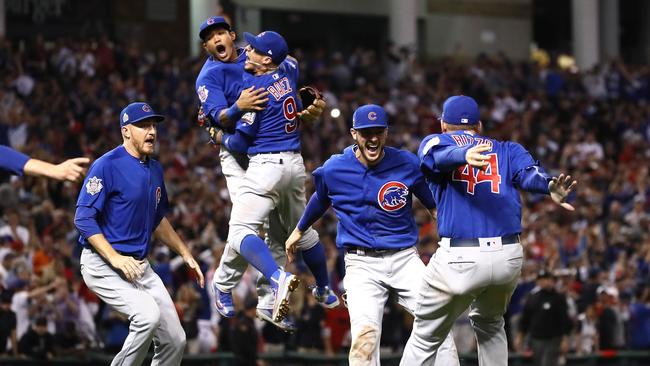 The Chicago Cubs celebrate after winning the 2016 World Series.