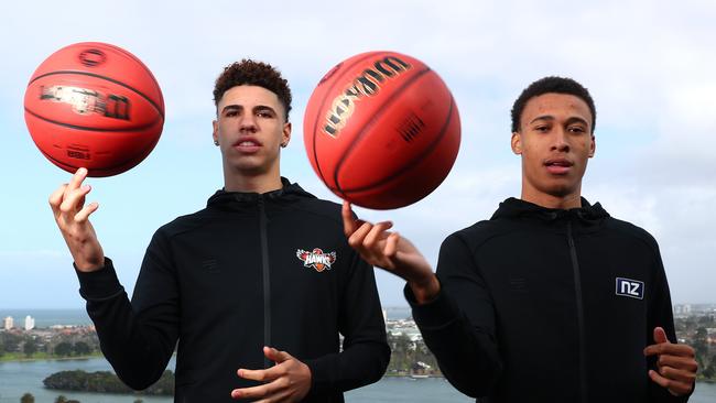 Illawarra Hawks star LaMelo Ball and RJ Hampton of the New Zealand Breakers