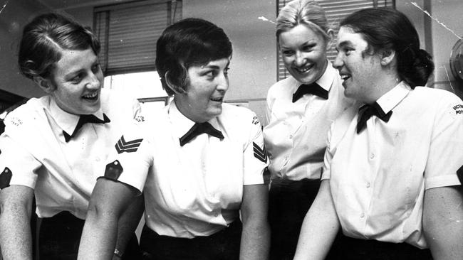 January 1975: Sergeant Denise Whyte (second from left) with Constables Eileen Gibbs, Mary-anne Bieshaar and Margaret Carter. Picture: Herald Sun