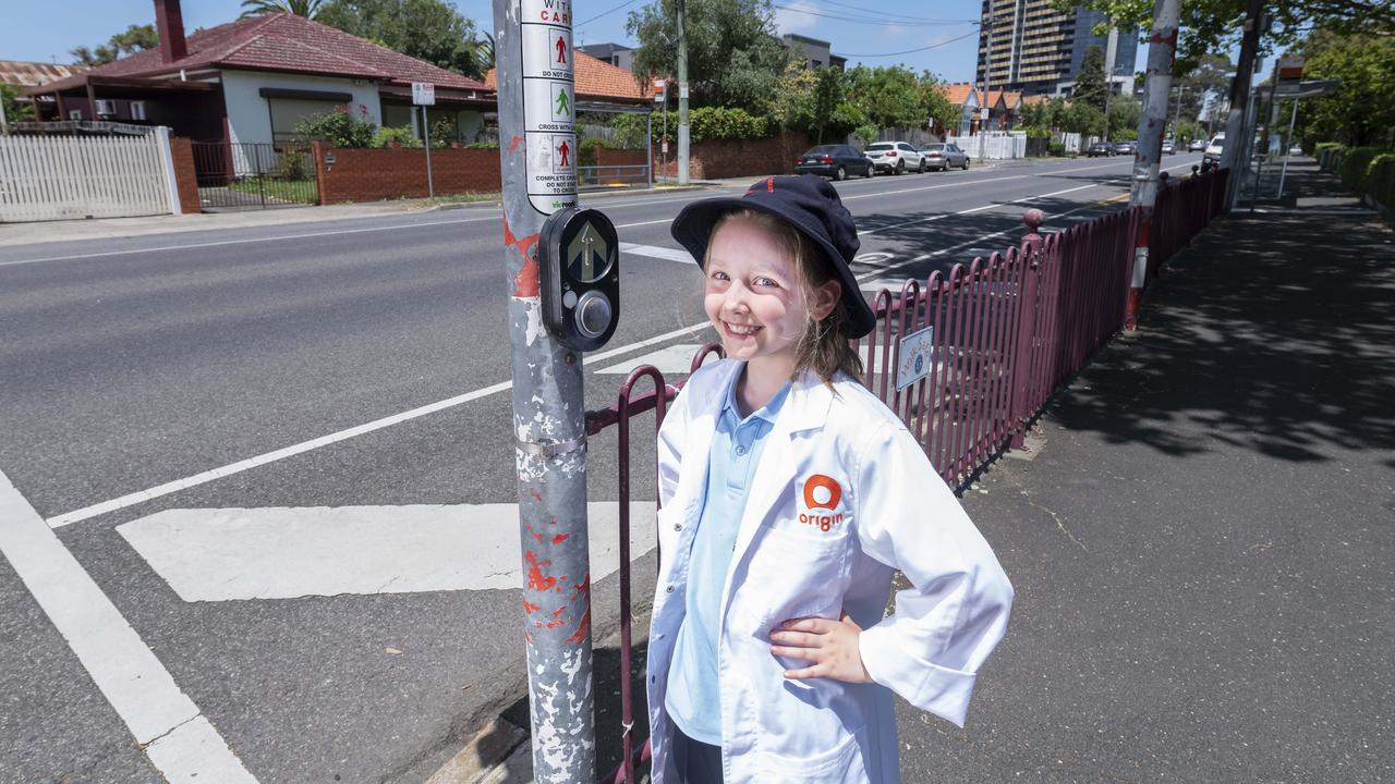 Young inventor Grace Howard has won a big prize for her "kick me pedestrian button". Picture: Rob Leeson
