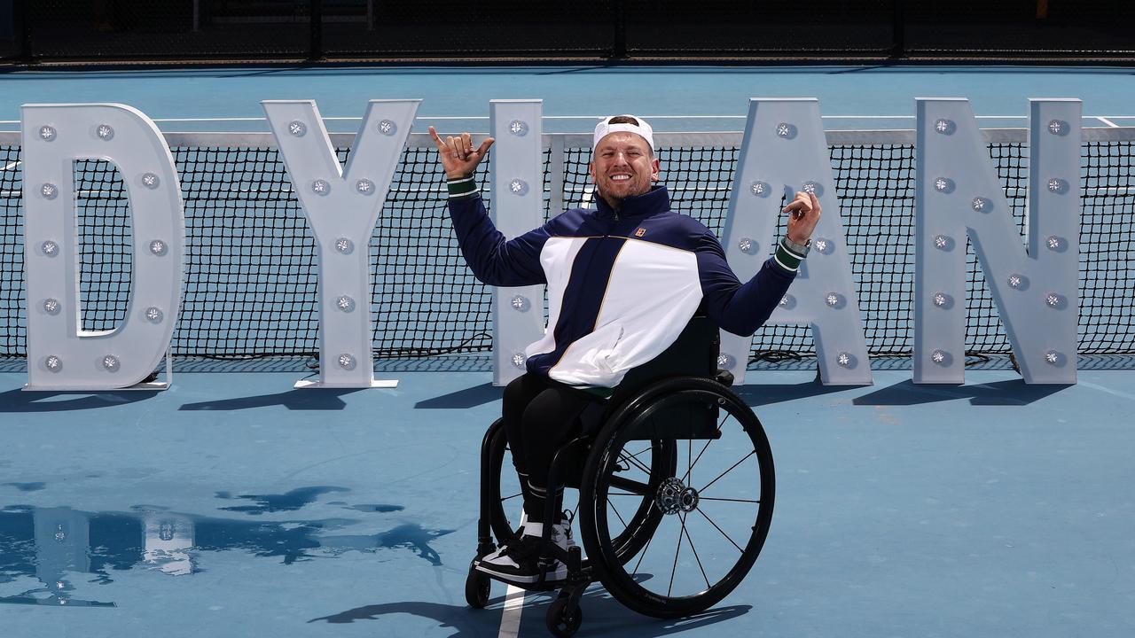 Australian quad tennis superstar Dylan Alcott announced Tuesday from the court of his “second home” Melbourne Park that the 2022 Australian Open will be his last tournament before he retires from the sport. Picture: Michael Klein