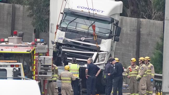 Emergency services at the crash site on the Eastern Freeway. Picture: AAP