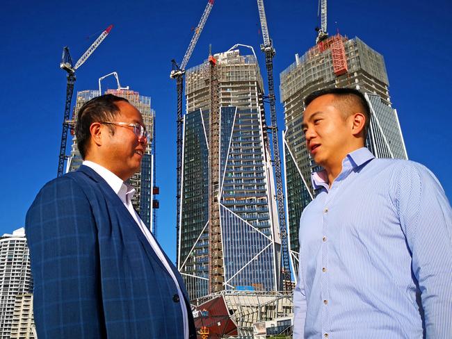 Xiangmo Huang and his son Jimmy Huang at the construction site for Jewel in June 2018. Picture: Supplied