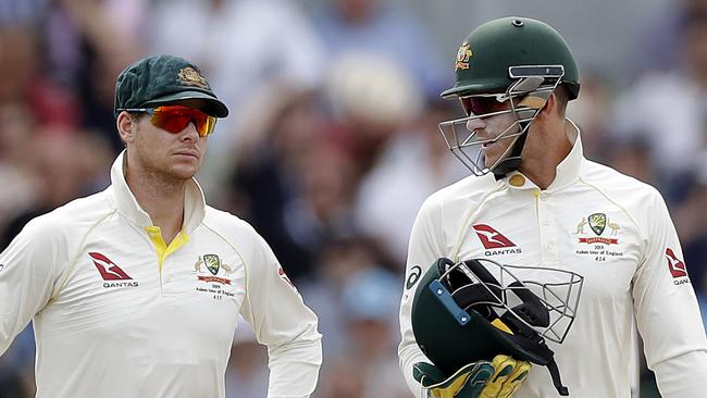 Australian Test captain Tim Paine and Steve Smith talk tactics in the field during the First Test. Picture: Ryan Pierse/Getty Images.